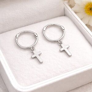 S925 hoop Cross drop huggie earrings-Silver SH026